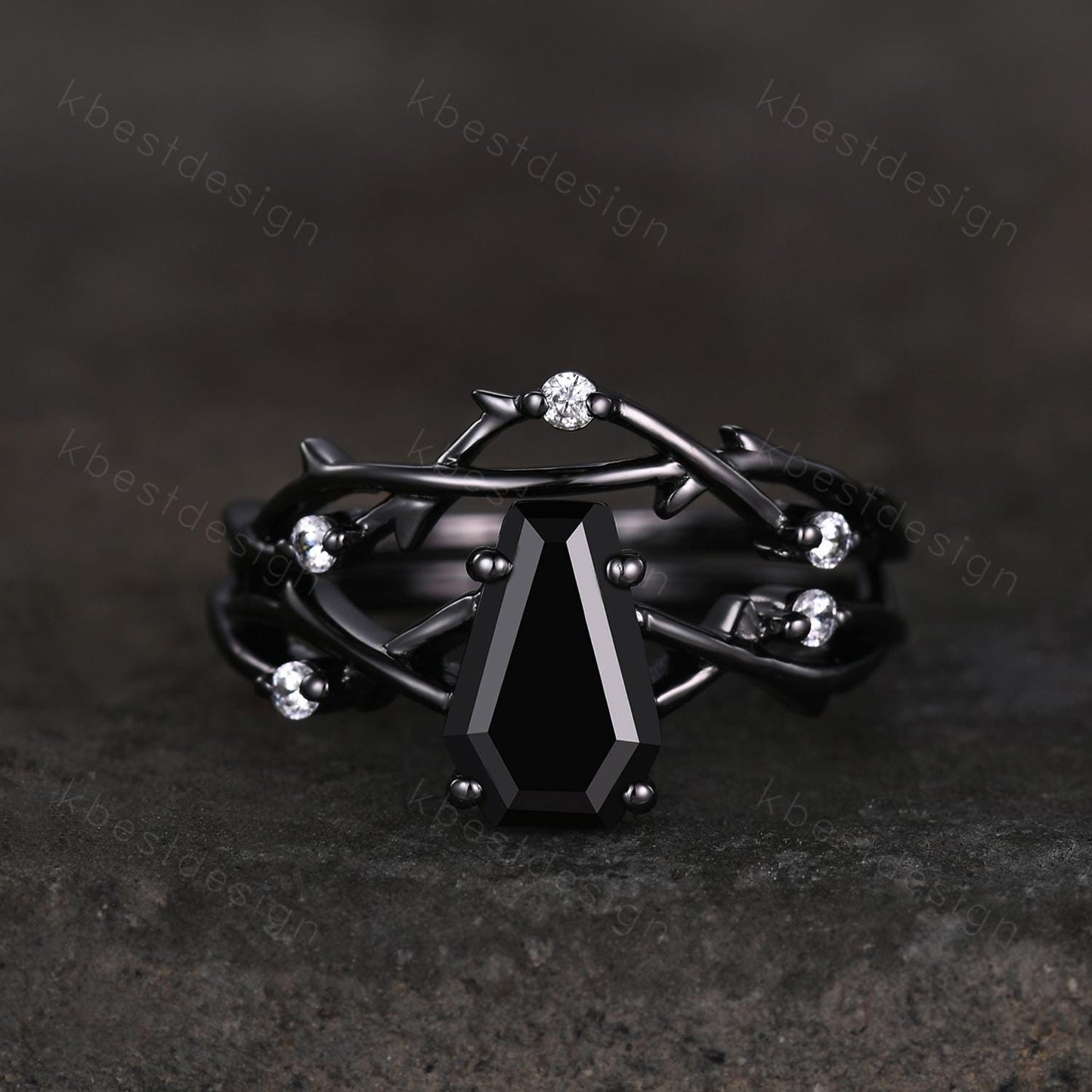Vintage coffin cut black onyx engagement ring set black gold twig twisted moissanite ring nature branch ring unique bridal wedding ring set