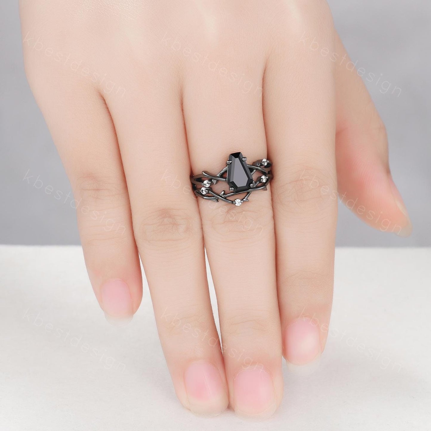 Vintage coffin cut black onyx engagement ring set black gold twig twisted moissanite ring nature branch ring unique bridal wedding ring set