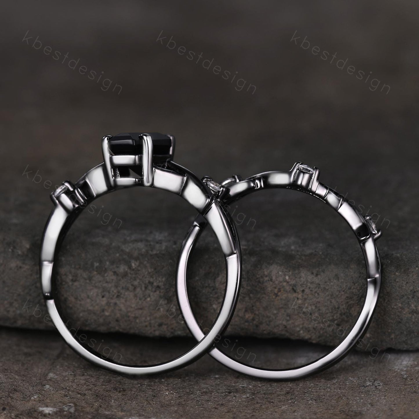 Vintage coffin cut black onyx engagement ring set black gold twig twisted moissanite ring nature branch ring unique bridal wedding ring set