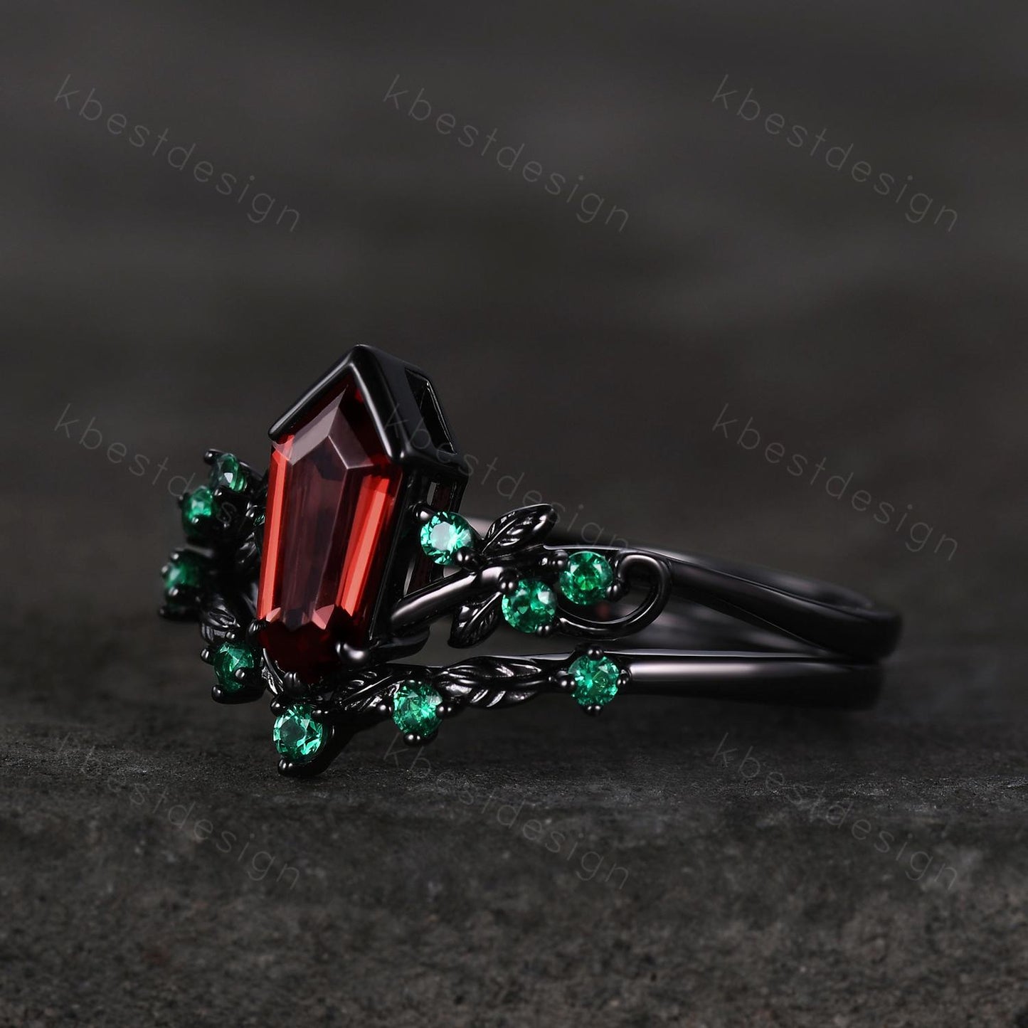 Vintage garnet engagement ring set black gold twig leaf emerald ring shield cut ring for women unique art deco bridal wedding ring set