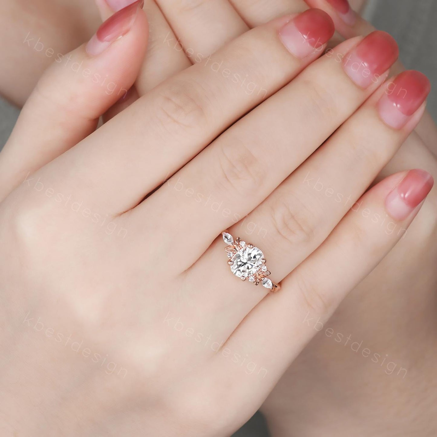 Oval cut Moissanite engagement ring vintage rose gold ring nature inspired ring branch leaf ring Unique twisted band Bridal Promise ring