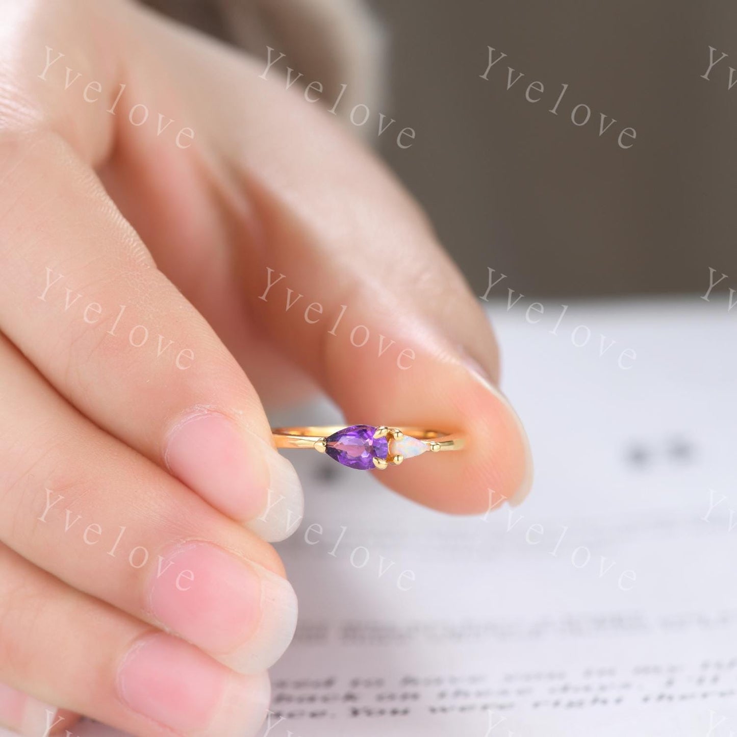 Vintage Amethyst Opal Engagement Ring,Pear Cut Gems,Art Deco Purple Amethyst Wedding Band,Unique Women Bridal Promise Ring,Customized Gift