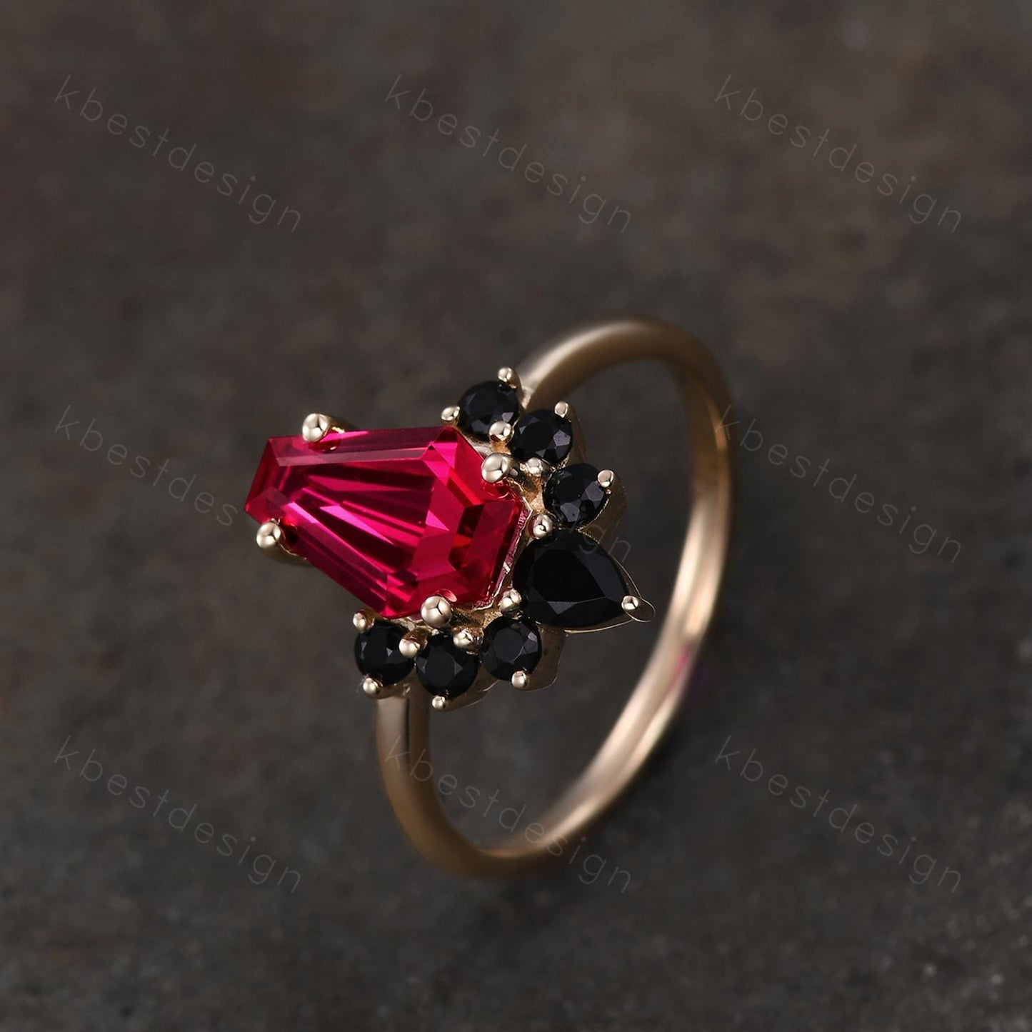 Coffin shaped Ruby engagement ring Unique art deco black spinel ring yellow gold ring vintage bridal promise ring July birthstone ring
