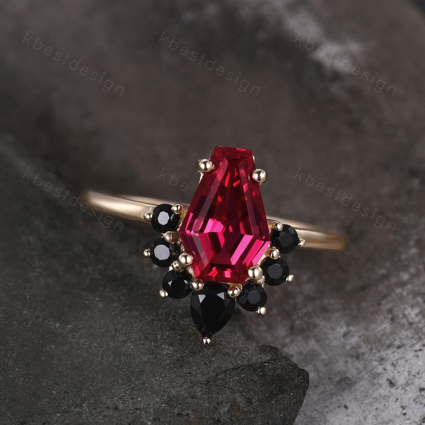 Coffin shaped Ruby engagement ring Unique art deco black spinel ring yellow gold ring vintage bridal promise ring July birthstone ring
