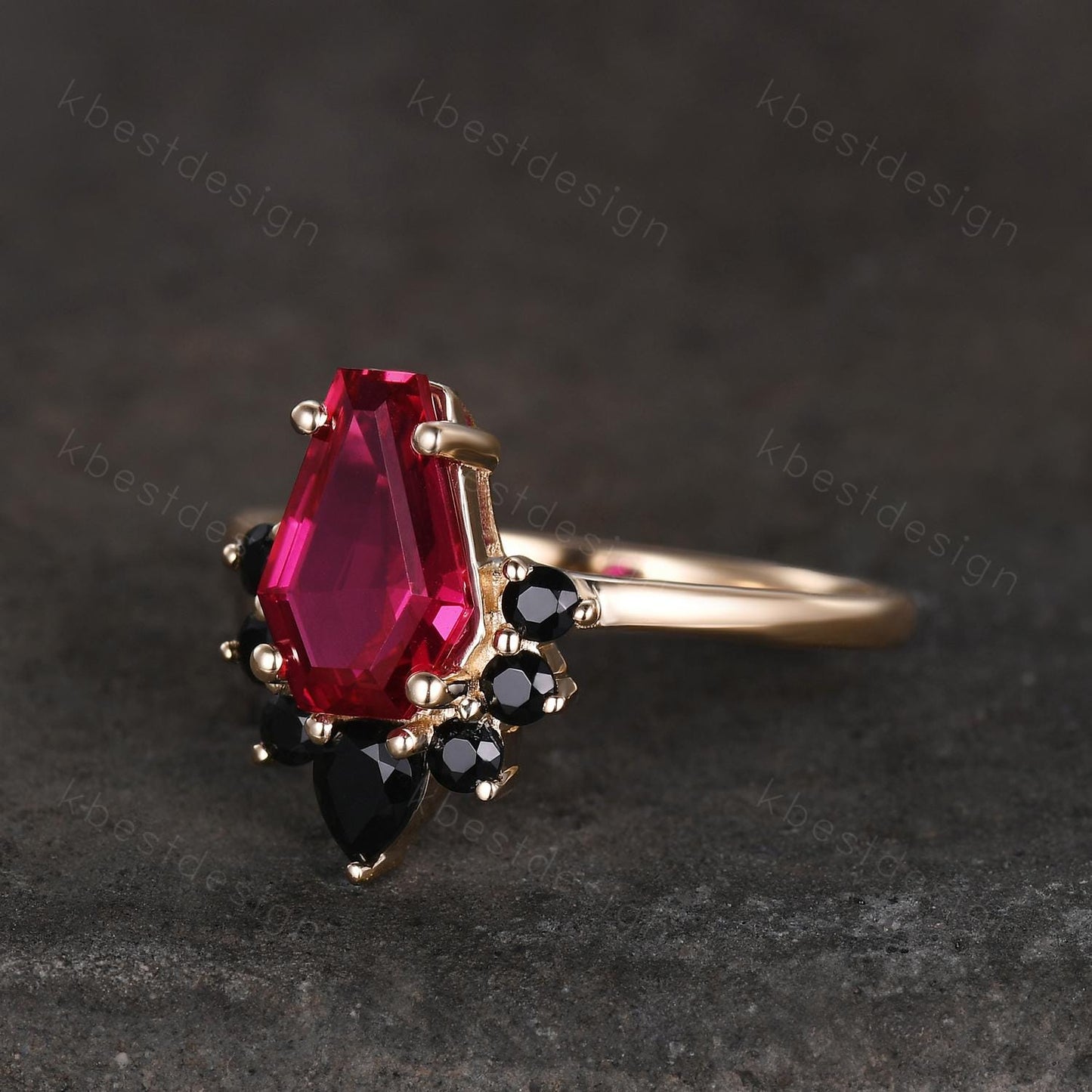 Coffin shaped Ruby engagement ring Unique art deco black spinel ring yellow gold ring vintage bridal promise ring July birthstone ring