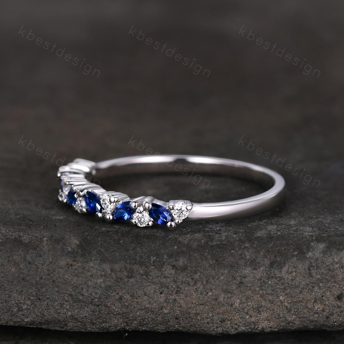 Blue Sapphire cluster wedding band Unique marquise cut wedding band Vintage Moissanite ring Sterling silver ring Anniversary gift for Her