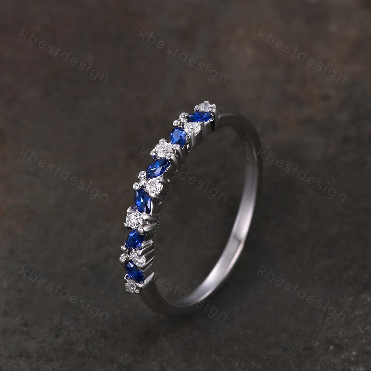 Blue Sapphire cluster wedding band Unique marquise cut wedding band Vintage Moissanite ring Sterling silver ring Anniversary gift for Her