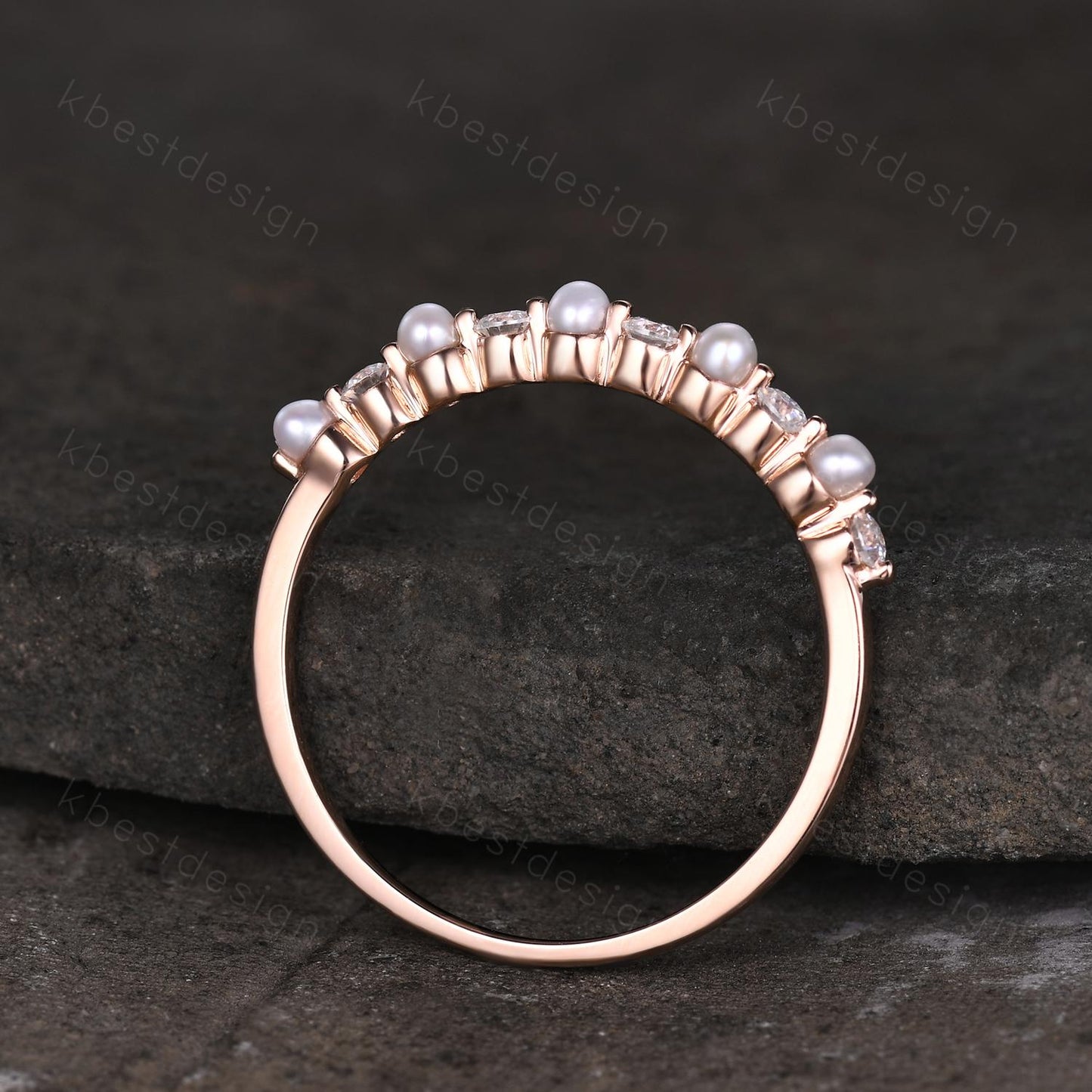Pearl Moissanite wedding band Unique half eternity wedding band Vintage Moissanite ring rose gold ring Anniversary gift for Her