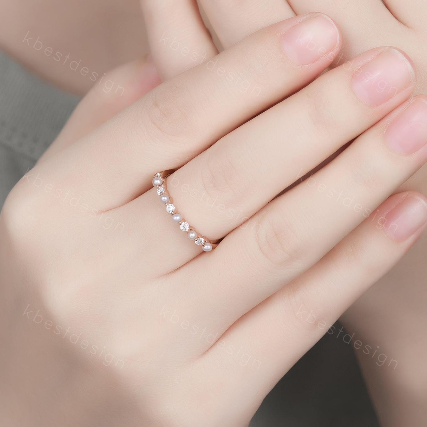 Pearl Moissanite wedding band Unique half eternity wedding band Vintage Moissanite ring rose gold ring Anniversary gift for Her