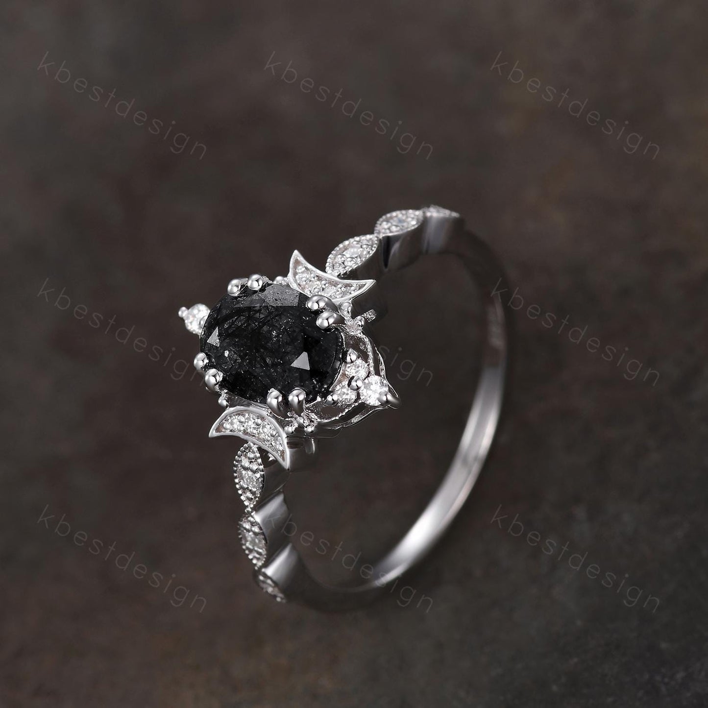 Vintage black rutilated quartz engagement ring oval cut ring unique moon style ring for women art deco moissanite bridal promise ring