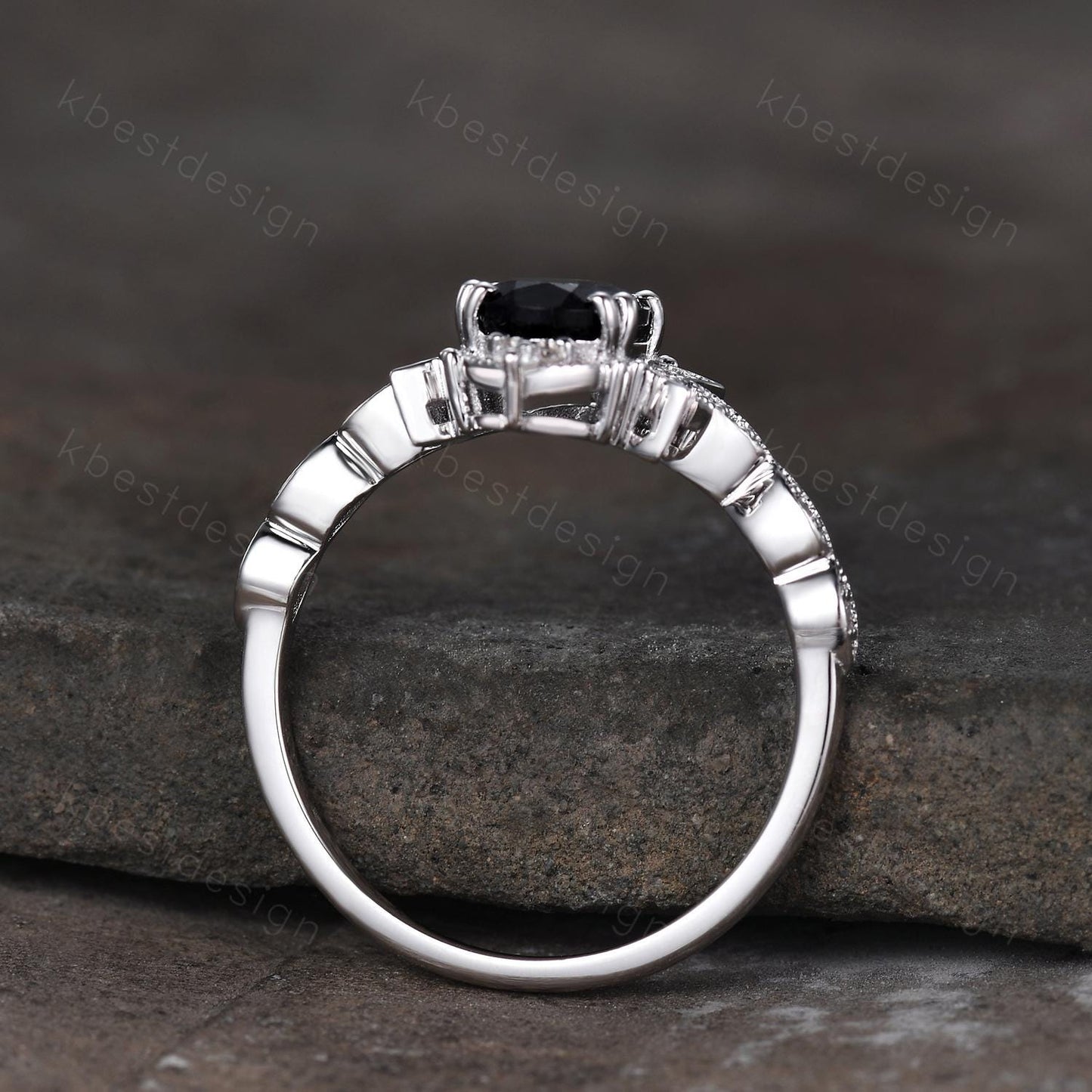 Vintage black rutilated quartz engagement ring oval cut ring unique moon style ring for women art deco moissanite bridal promise ring