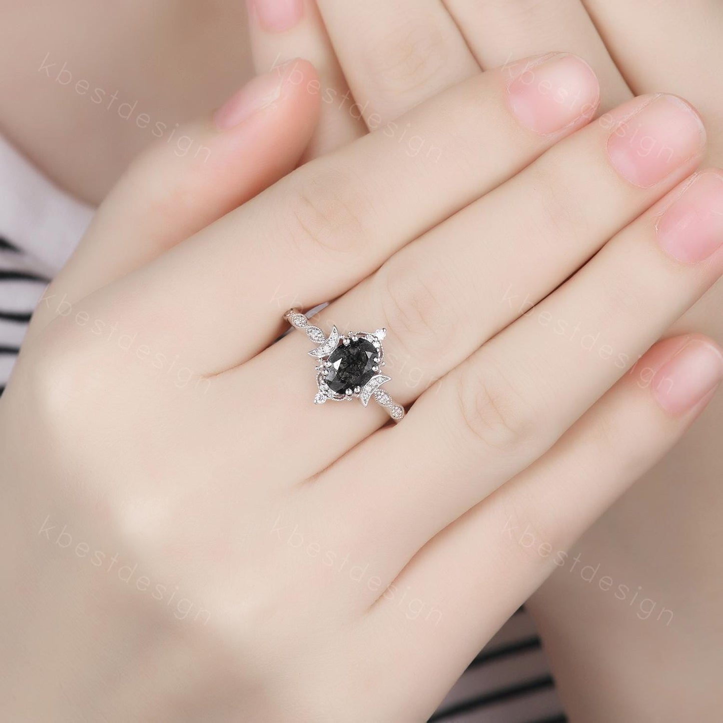 Vintage black rutilated quartz engagement ring oval cut ring unique moon style ring for women art deco moissanite bridal promise ring
