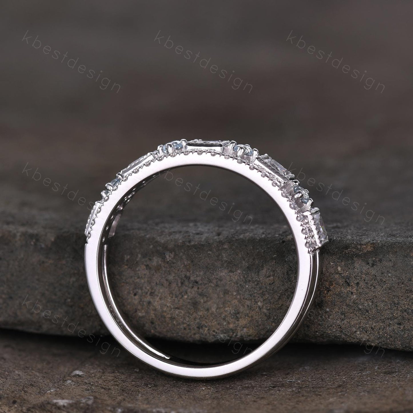 2mm princess cut Moissanite wedding band white gold milgrain bezel set wedding band art deco stacking matching band unique anniversary gift