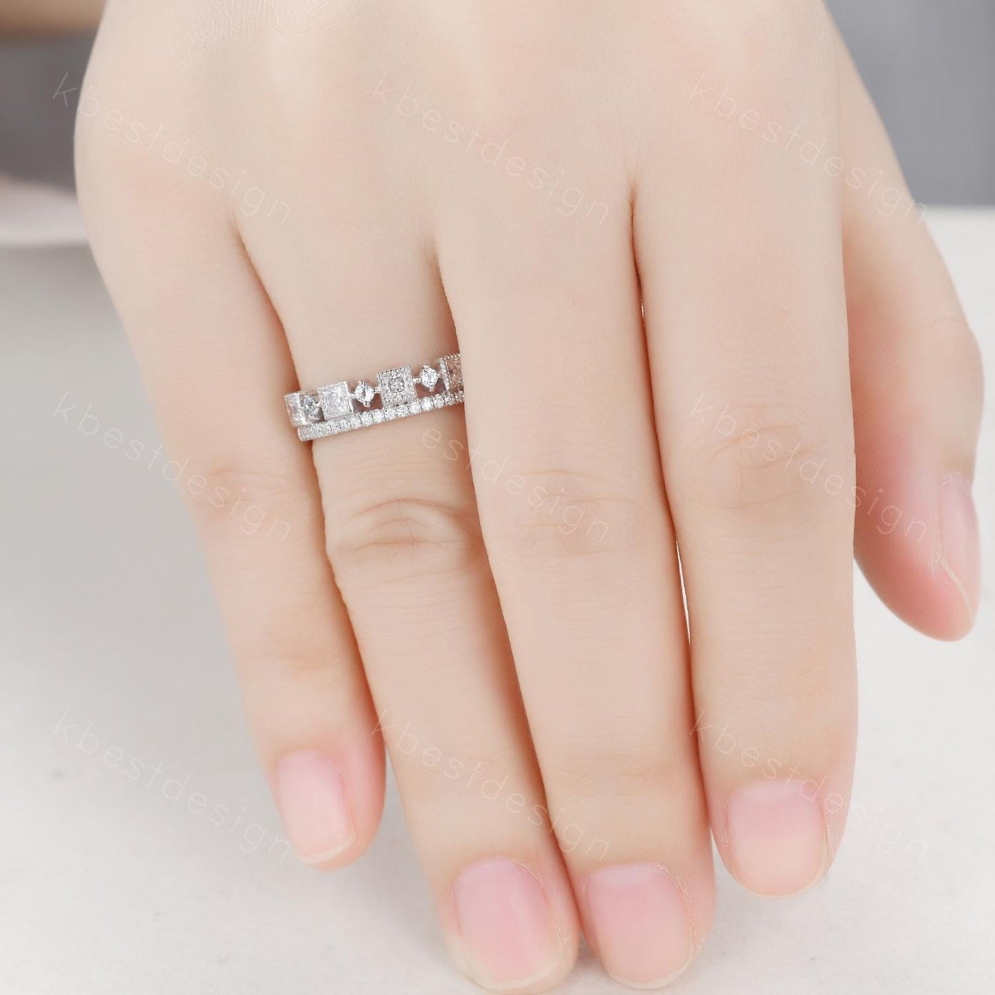2mm princess cut Moissanite wedding band white gold milgrain bezel set wedding band art deco stacking matching band unique anniversary gift