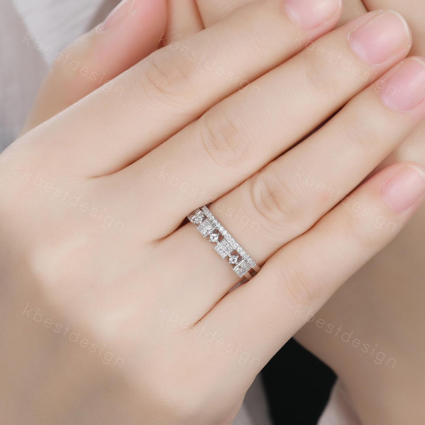 2mm princess cut Moissanite wedding band white gold milgrain bezel set wedding band art deco stacking matching band unique anniversary gift
