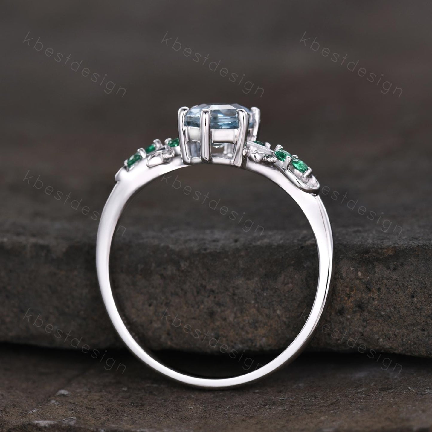 Vintage blue topaz engagement ring unique hexagon cut ring Art deco leaf design emerald ring nature inspired ring December promise ring