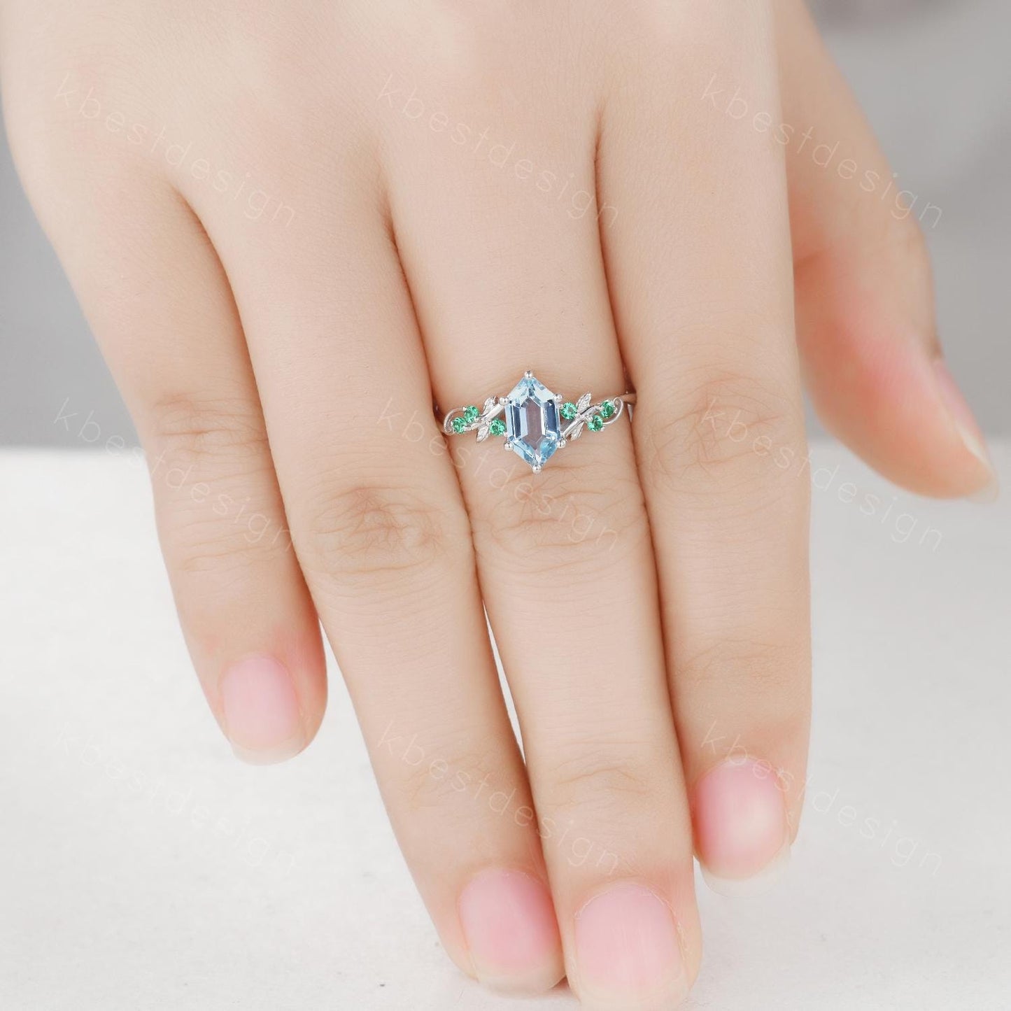 Vintage blue topaz engagement ring unique hexagon cut ring Art deco leaf design emerald ring nature inspired ring December promise ring