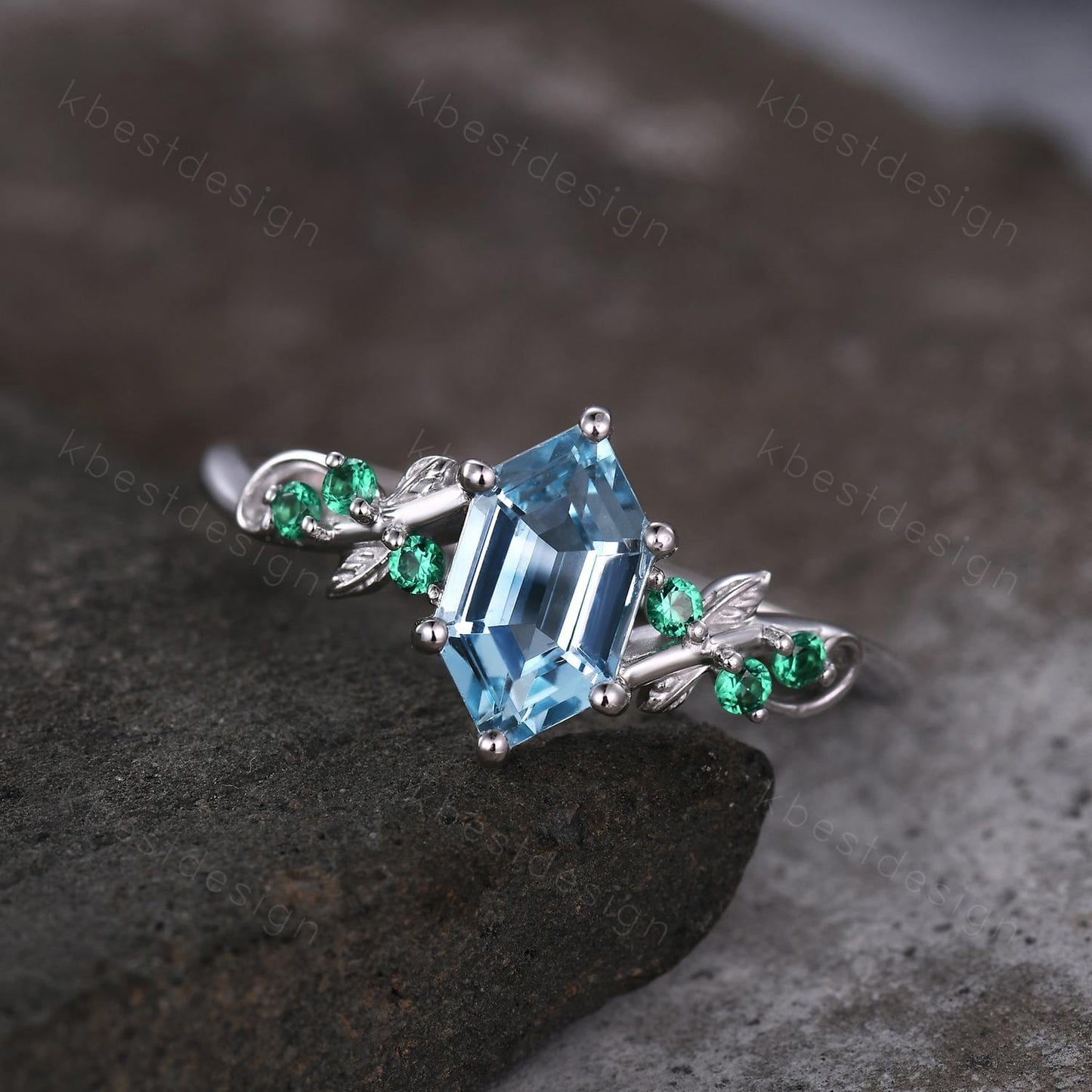 Vintage blue topaz engagement ring unique hexagon cut ring Art deco leaf design emerald ring nature inspired ring December promise ring