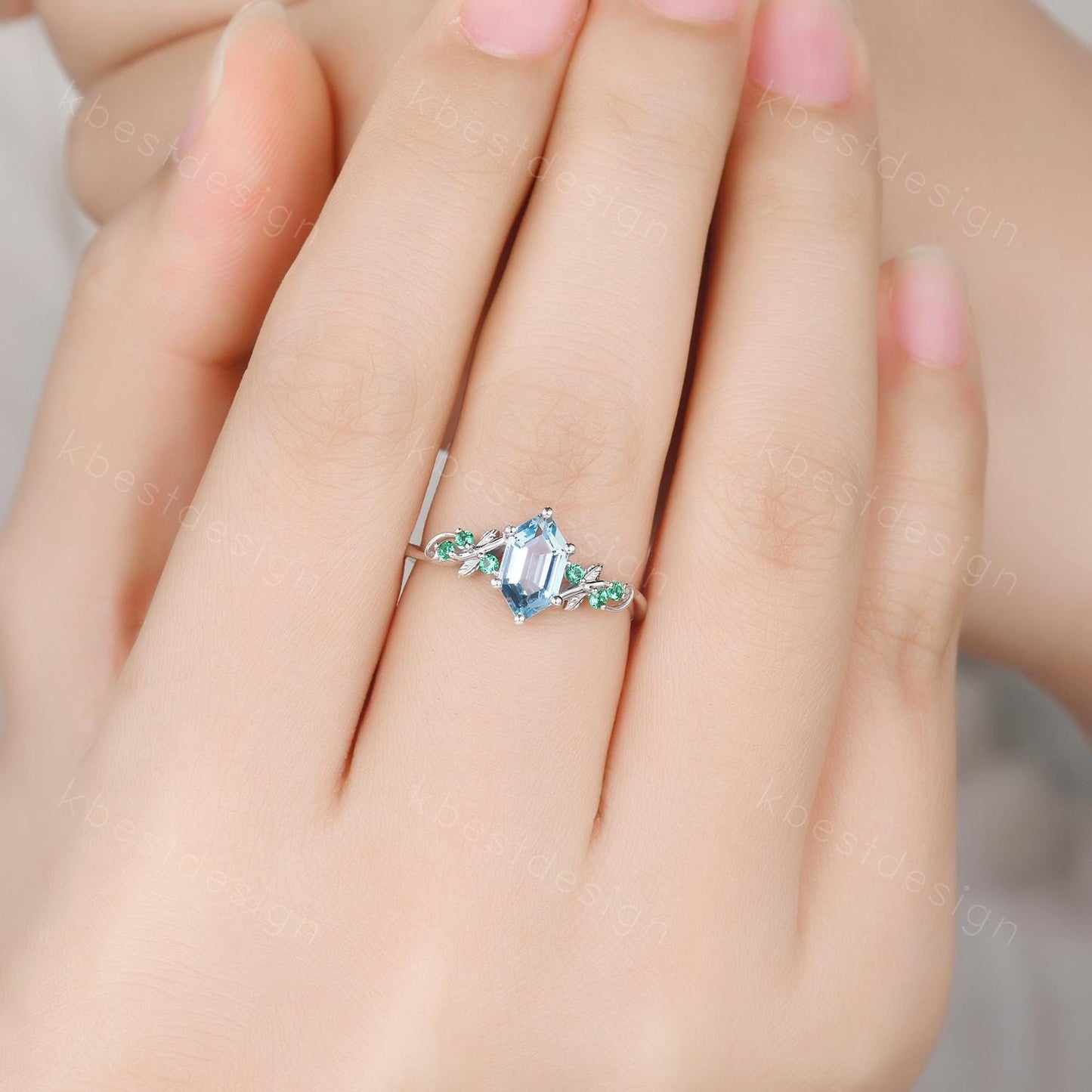 Vintage blue topaz engagement ring unique hexagon cut ring Art deco leaf design emerald ring nature inspired ring December promise ring