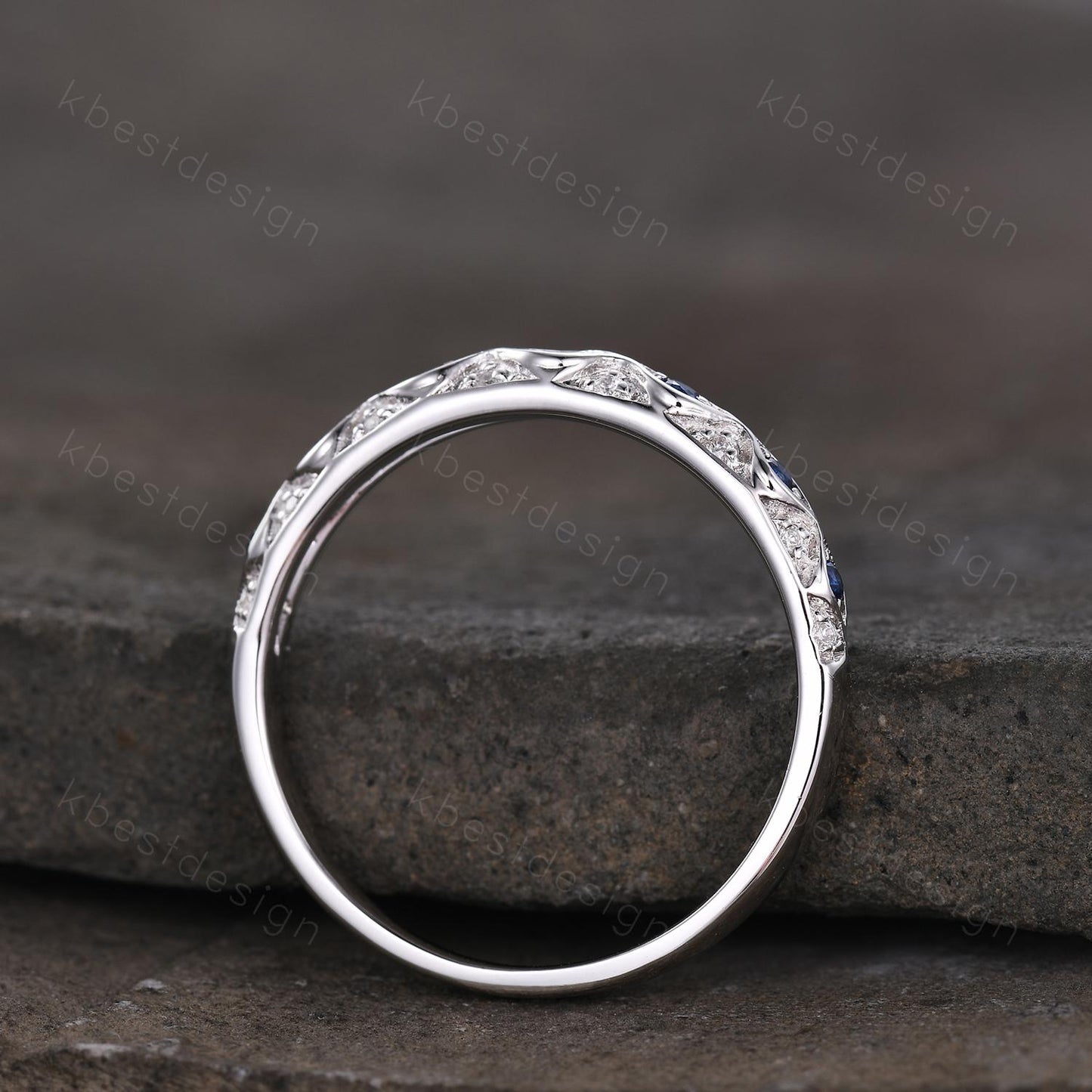 Antique Blue Sapphire Wedding Band Women Vintage Ruby Wedding Band Multi Gemstone Band Art Deco Stacking Matching Band Anniversary Ring