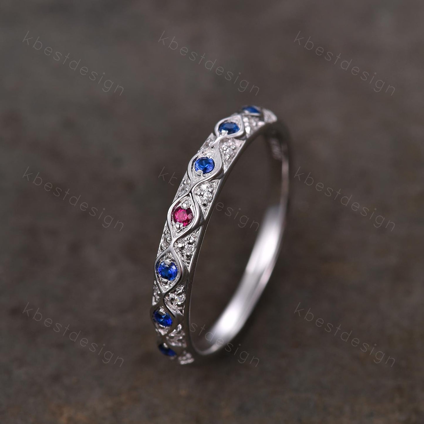 Antique Blue Sapphire Wedding Band Women Vintage Ruby Wedding Band Multi Gemstone Band Art Deco Stacking Matching Band Anniversary Ring