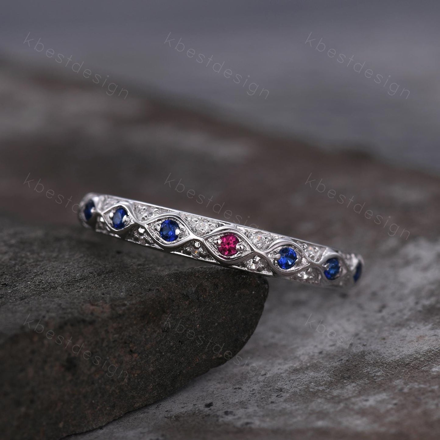 Antique Blue Sapphire Wedding Band Women Vintage Ruby Wedding Band Multi Gemstone Band Art Deco Stacking Matching Band Anniversary Ring