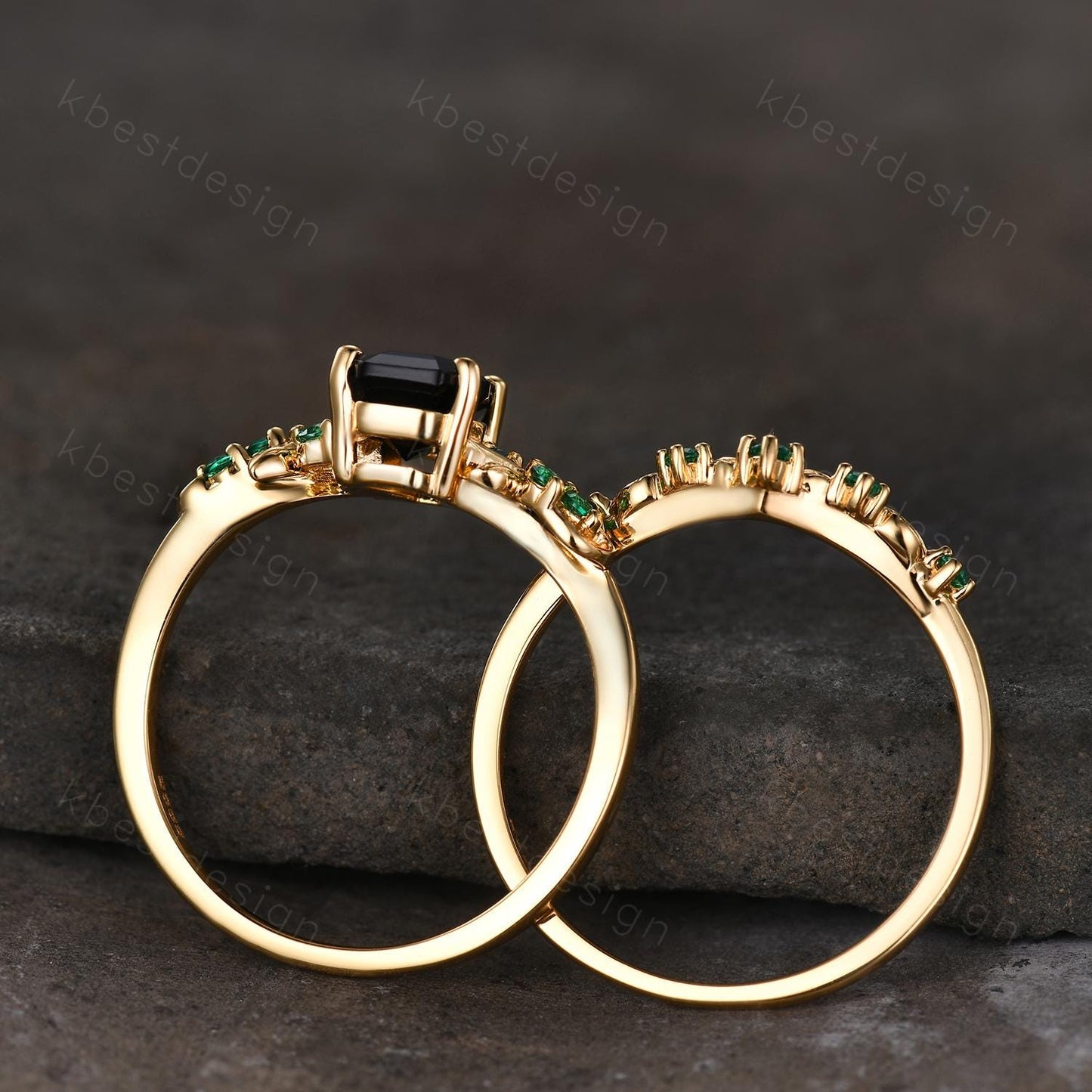Gothic Yellow Gold Black Onyx Engagement Ring Art Deco Branch Design Leaf Emerald Wedding Ring Coffin cut Ring Unique Bridal Ring Set