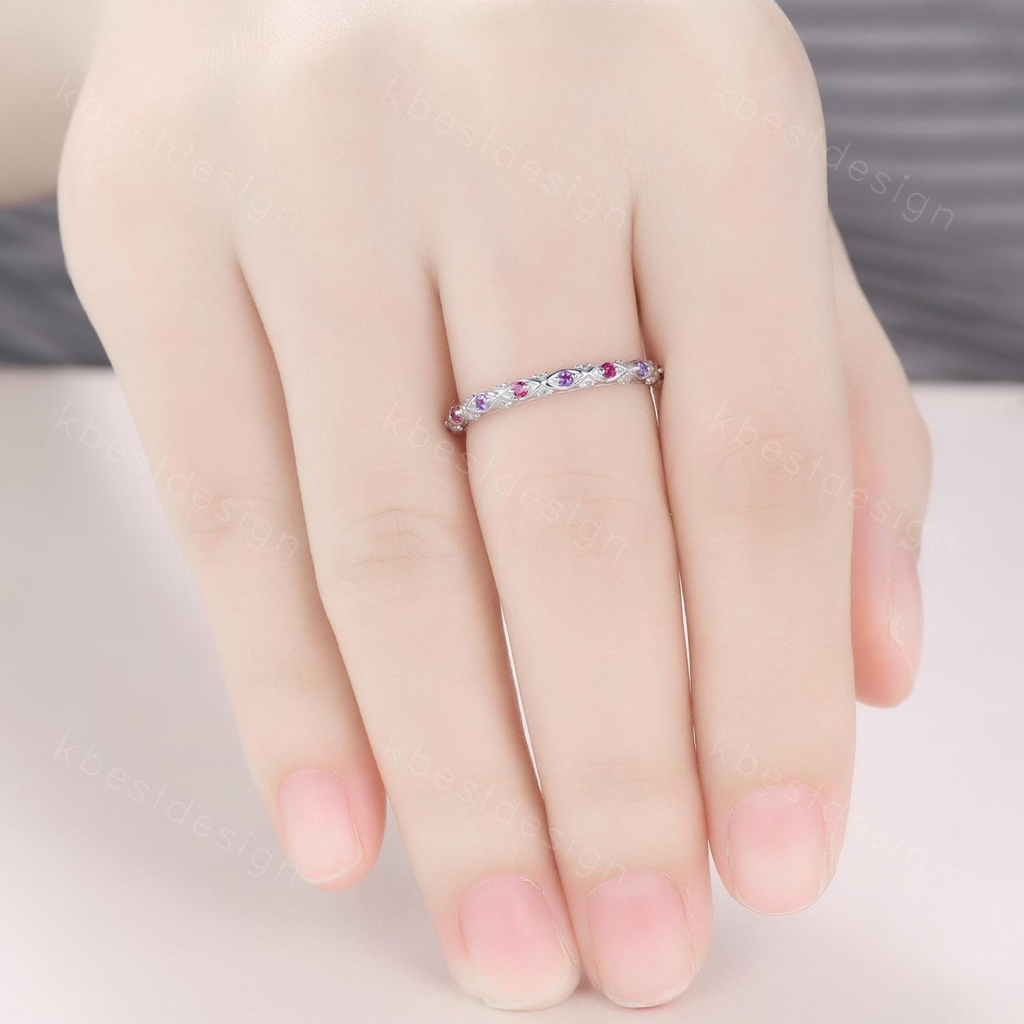 Antique Ruby Amethyst Wedding Band Women Solid 14K White Gold Band Moissanite Wedding Band Vintage Stacking Matching Band Anniversary Ring