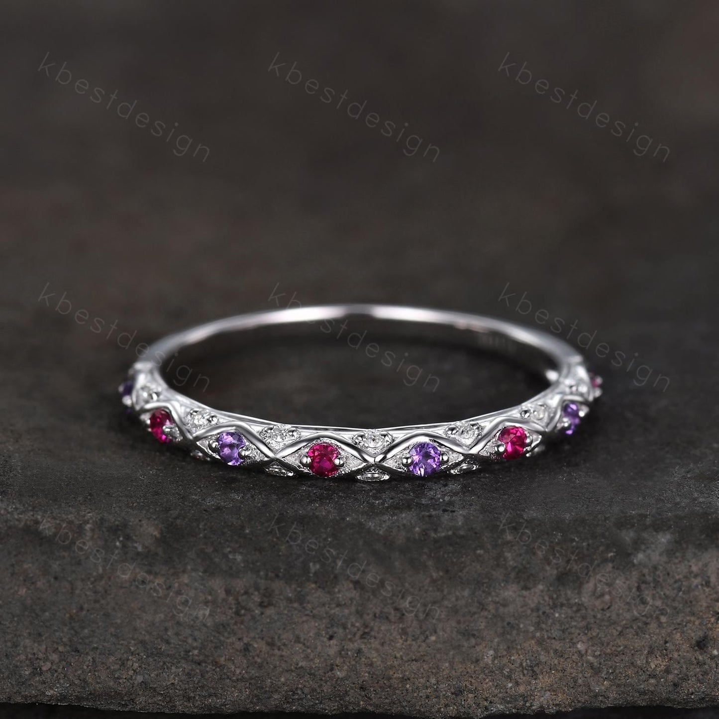 Antique Ruby Amethyst Wedding Band Women Solid 14K White Gold Band Moissanite Wedding Band Vintage Stacking Matching Band Anniversary Ring