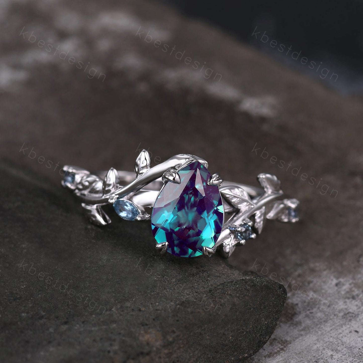 Vintage alexandrite engagement ring silver art deco leaf branch ring pear cut ring natural inspired ring unique bridal promise ring
