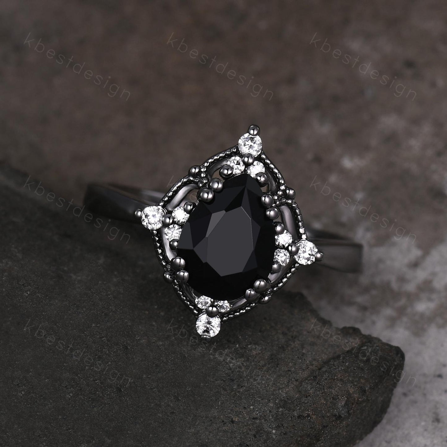 Pear Cut Natural Black Onyx Engagement Ring Black Gold Ring Unique Art Deco Moissanite Ring Black Gemstone ring Bridal Promise Ring