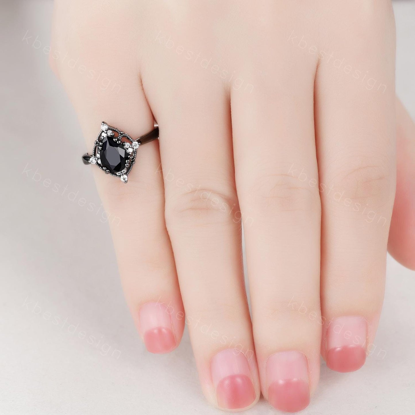 Pear Cut Natural Black Onyx Engagement Ring Black Gold Ring Unique Art Deco Moissanite Ring Black Gemstone ring Bridal Promise Ring