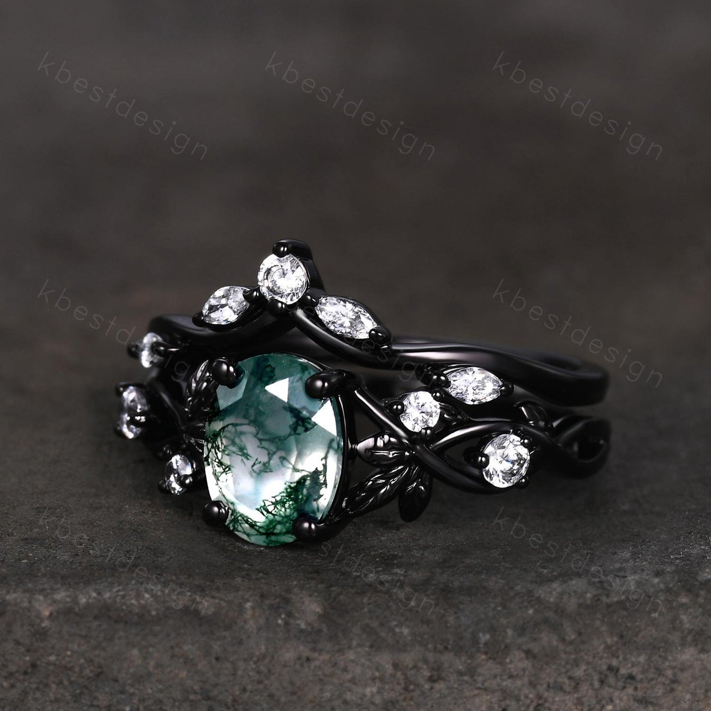 Vintage oval moss agate engagement ring black gold art deco cluster moissanite wedding ring set nature inspired bridal promise ring for her