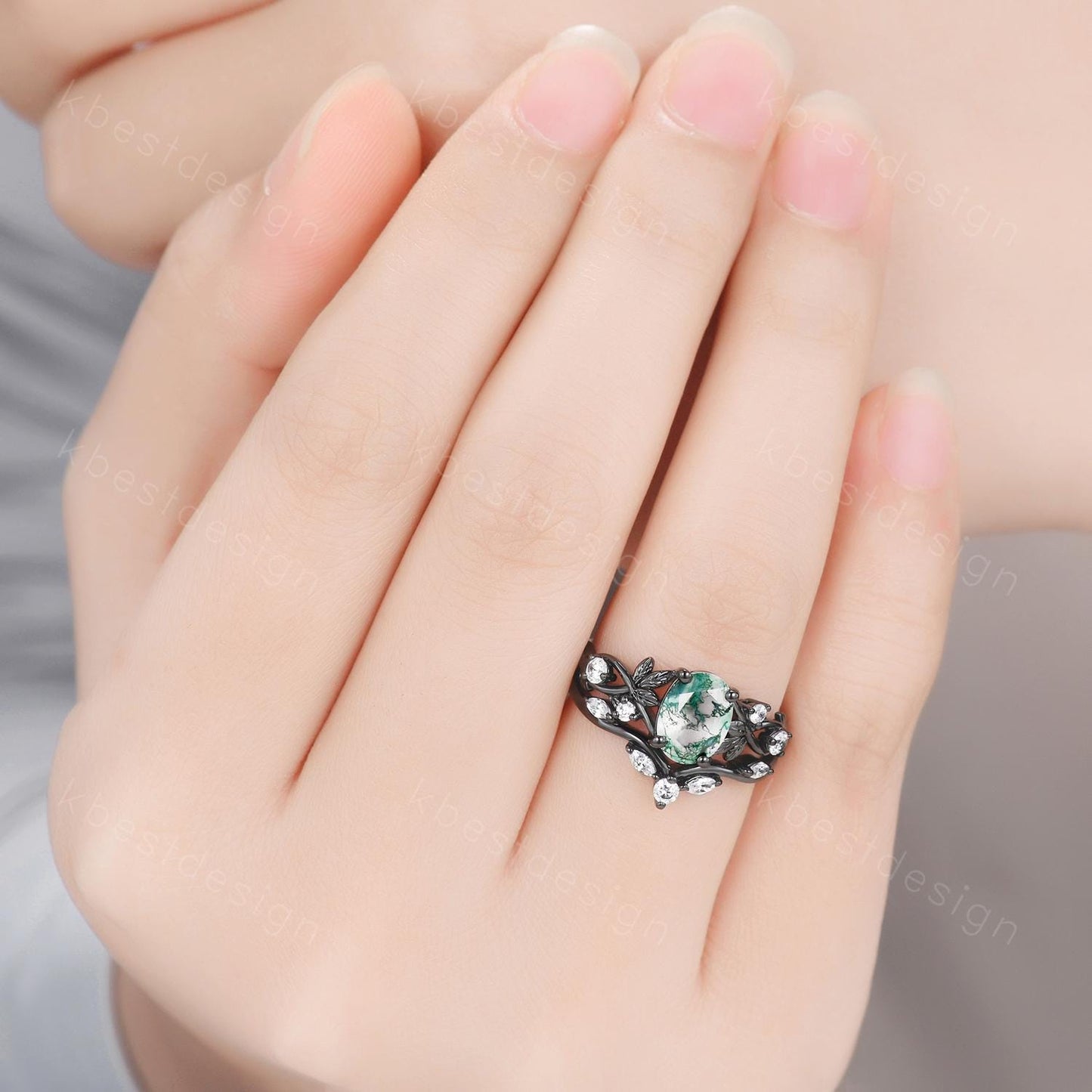 Vintage oval moss agate engagement ring black gold art deco cluster moissanite wedding ring set nature inspired bridal promise ring for her