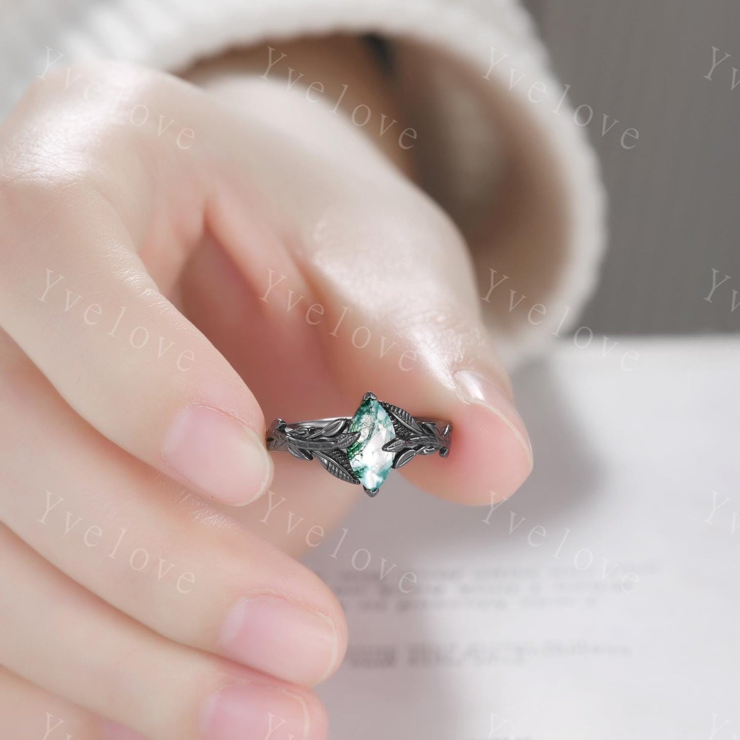 Gothic Natural Moss Agate Engagement Ring Set,Leaves Ring,Black Gold Handmade Ring,Unique Design Ring,Wedding Ring,Anniversary Gift For Her