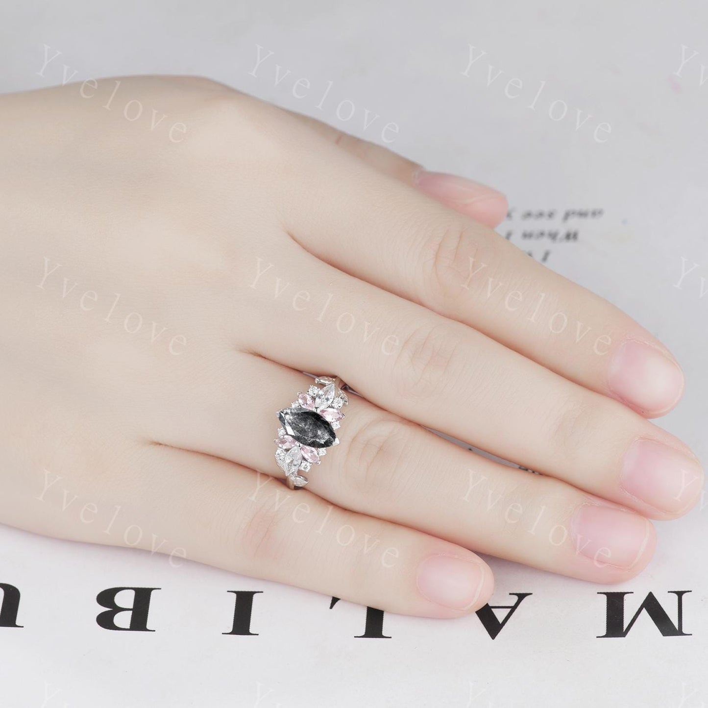Vintage Marquise salt pepper diamond engagement ring,Unique Morganite Ring,Leaf Cluster Wedding Band,Women Bridal Promise Ring Gift For Her