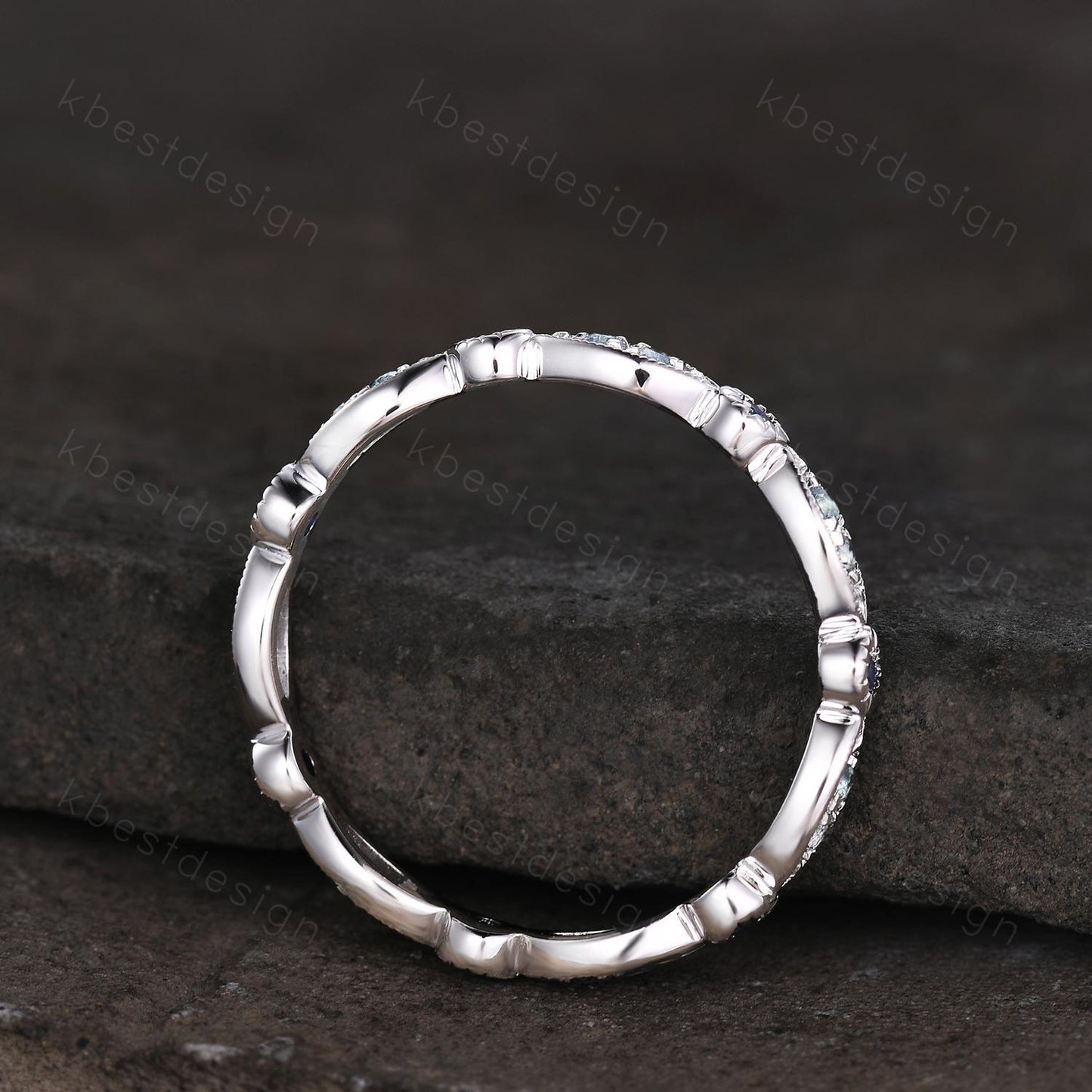 Unique Blue Topaz Wedding Band Art Deco Blue Sapphire Ring Sterling Silver Stacking Matching Band December Birthstone Ring Gemstone Band