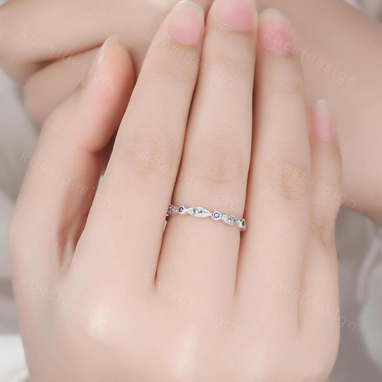 Unique Blue Topaz Wedding Band Art Deco Blue Sapphire Ring Sterling Silver Stacking Matching Band December Birthstone Ring Gemstone Band