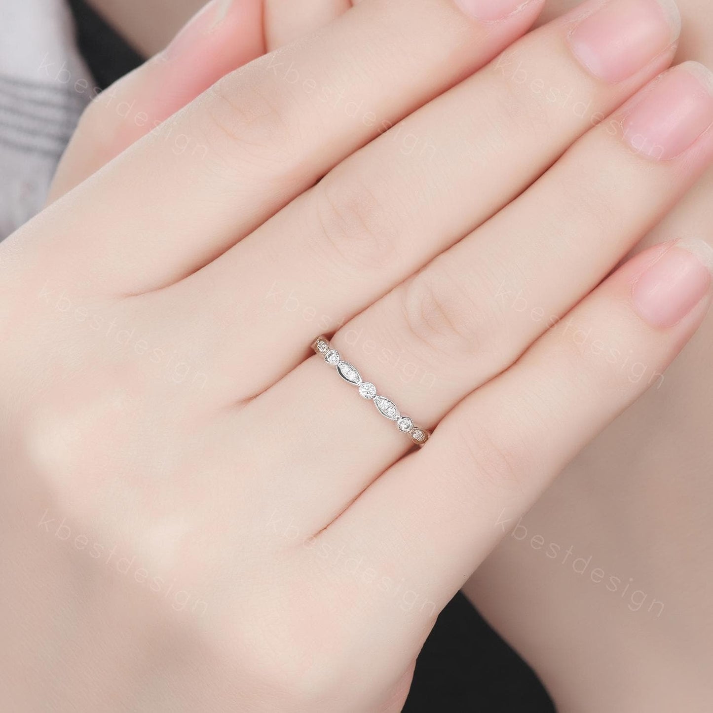 Delicate Moissanite Wedding Band Half Eternity Band Art Deco Moissanite Stacking Band Silver Matching Ring Women Anniversary Ring
