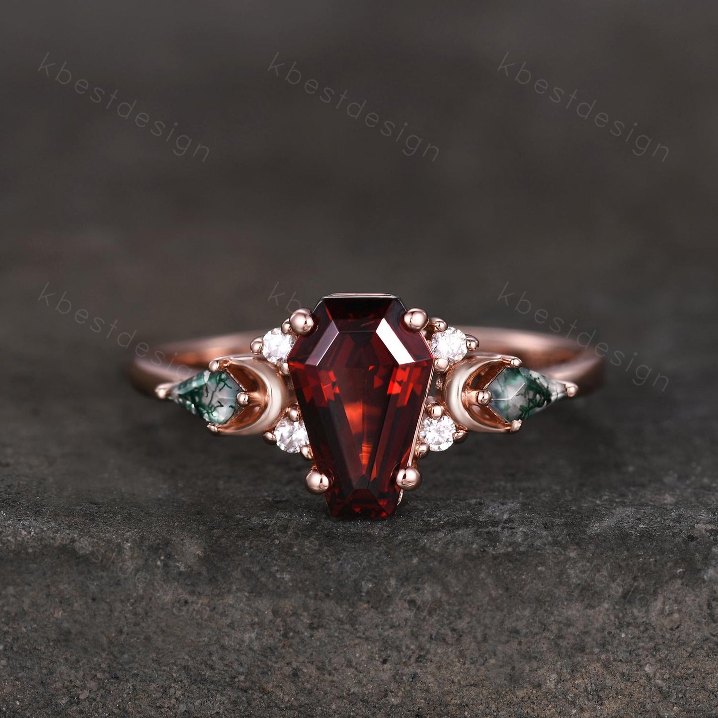 Coffin cut Garnet engagement ring unique kite cut moss agate ring crescent style ring rose gold ring for women January birthstone ring