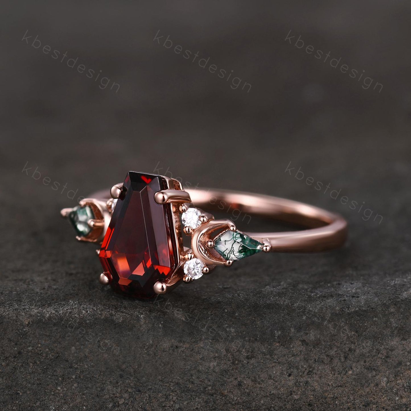 Coffin cut Garnet engagement ring unique kite cut moss agate ring crescent style ring rose gold ring for women January birthstone ring