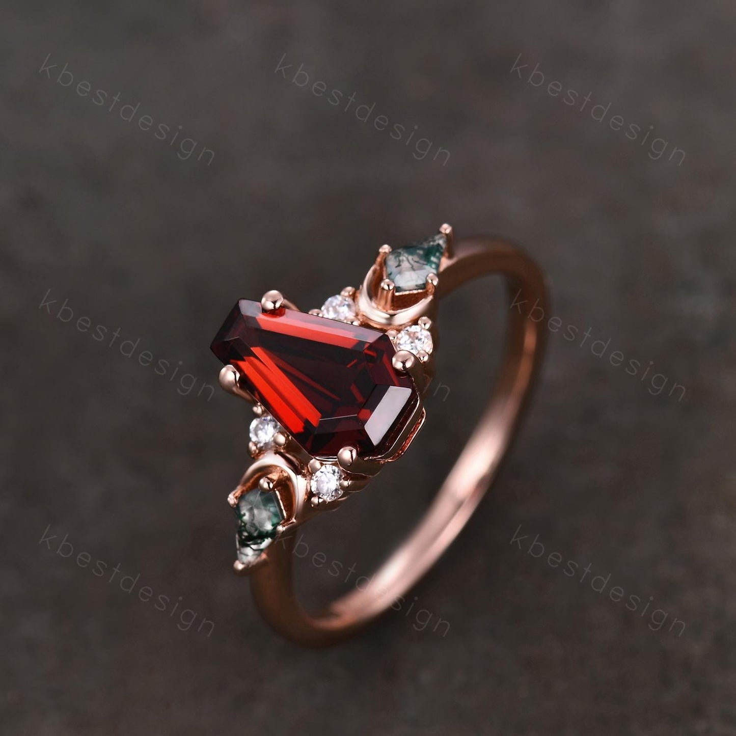Coffin cut Garnet engagement ring unique kite cut moss agate ring crescent style ring rose gold ring for women January birthstone ring