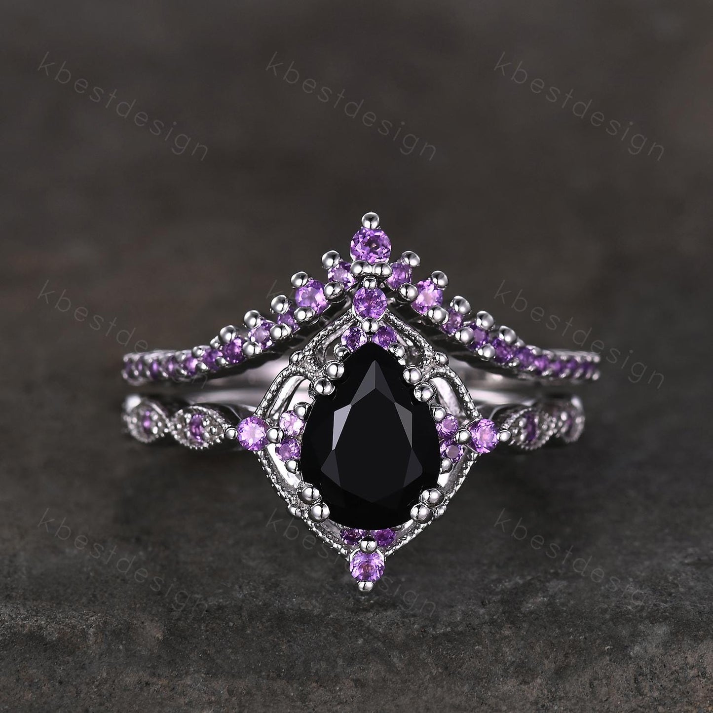 Vintage black onyx engagement ring sterling silver ring art deco curved stacking band pear shaped bridal set unique amethyst wedding set