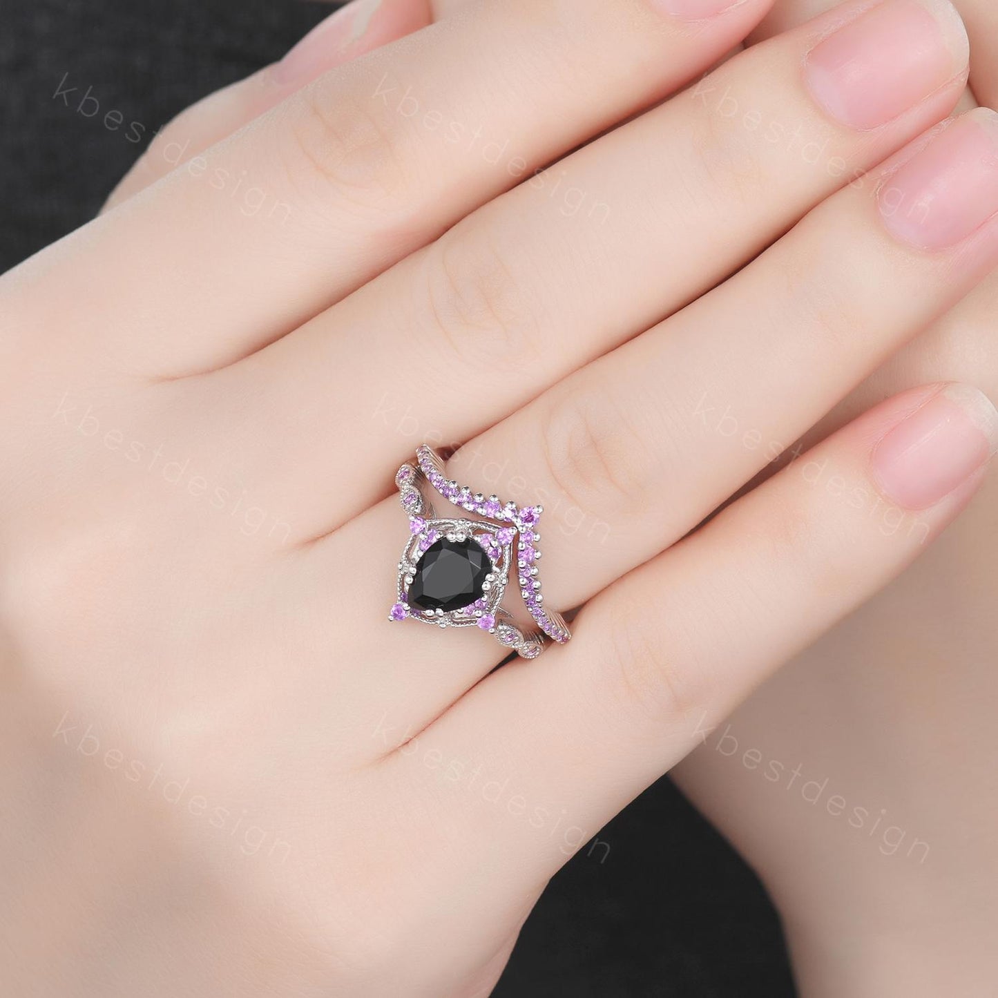 Vintage black onyx engagement ring sterling silver ring art deco curved stacking band pear shaped bridal set unique amethyst wedding set
