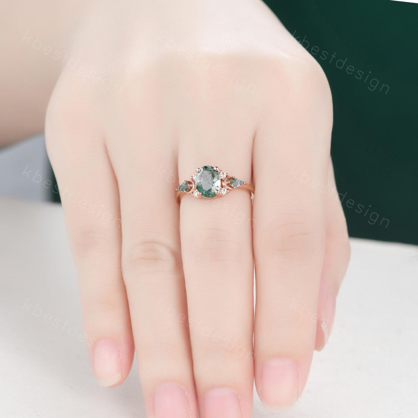 Vintage moss agate engagement ring unique rose gold ring for women crescent style ring kite cut moss agate cluster ring bridal ring