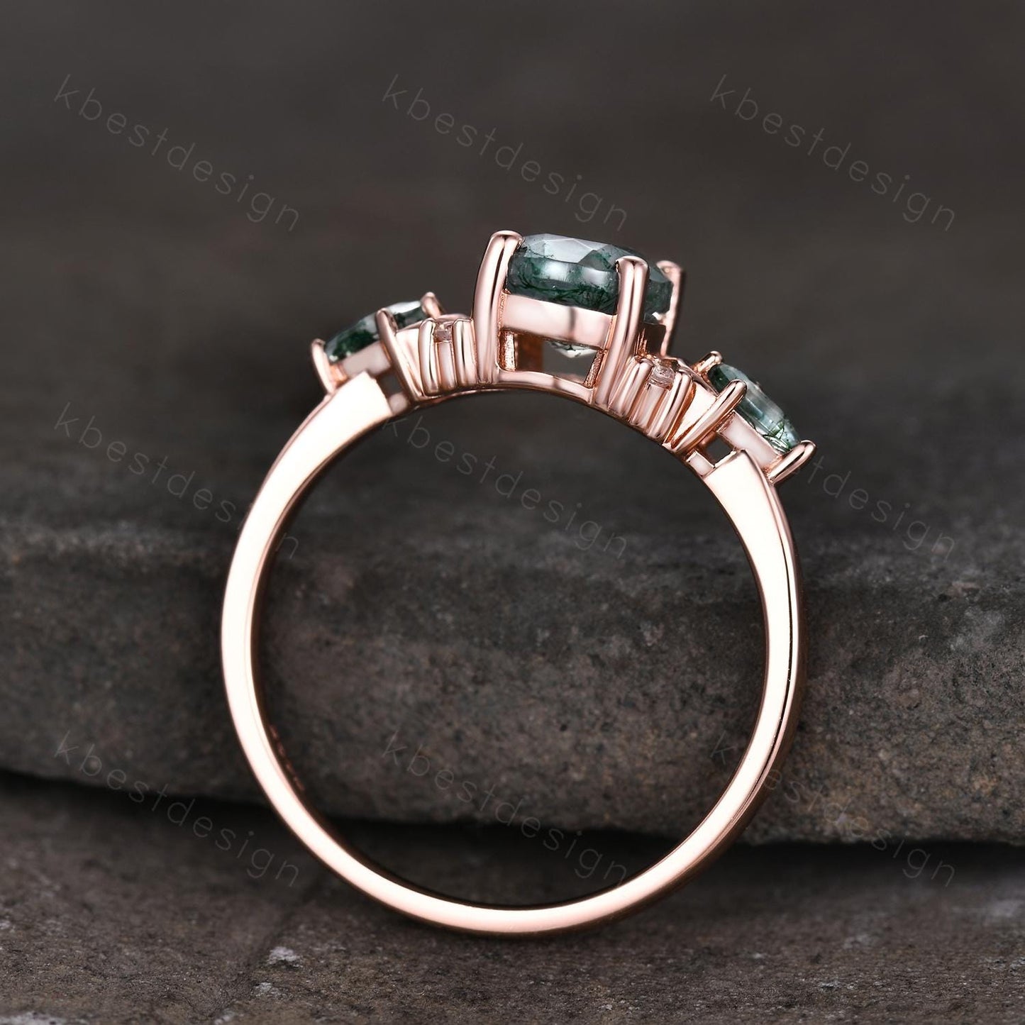 Vintage moss agate engagement ring unique rose gold ring for women crescent style ring kite cut moss agate cluster ring bridal ring