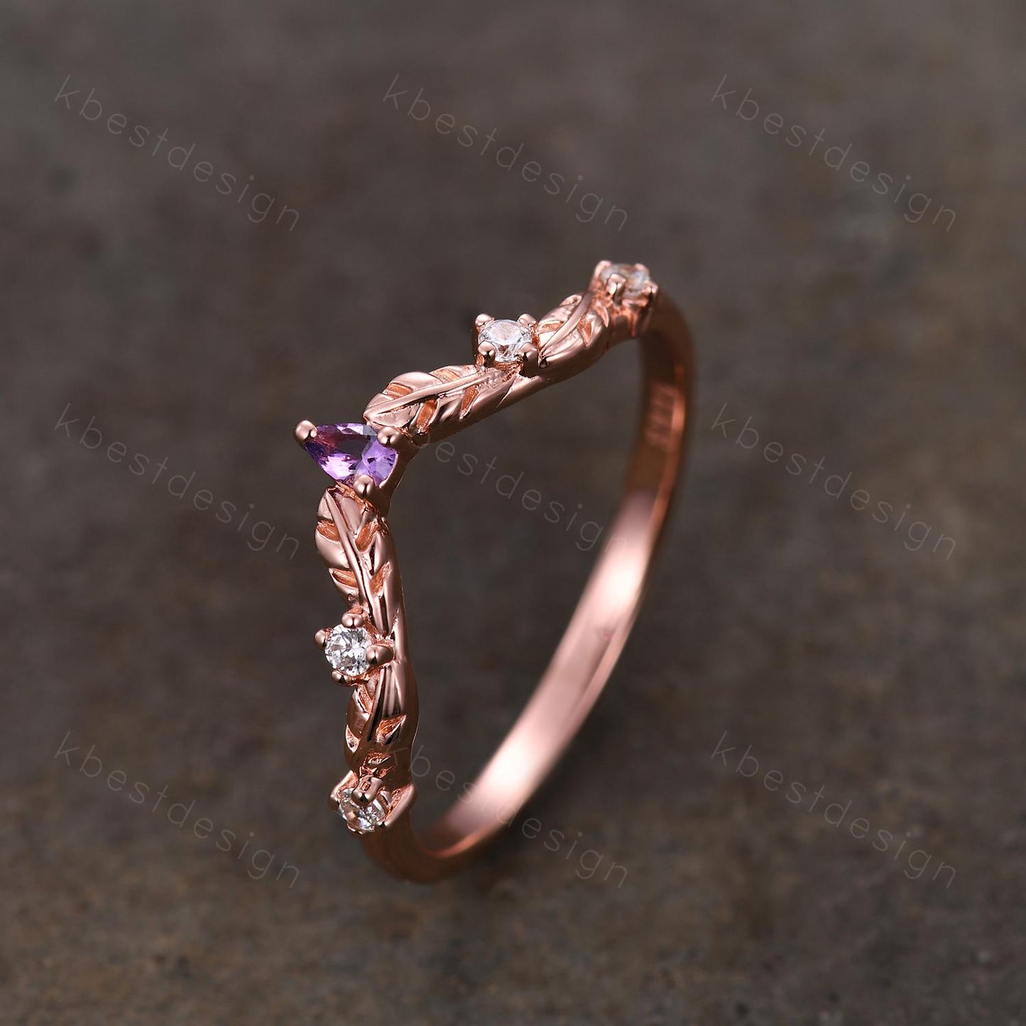 Unique Curved Amethyst Wedding Band Women Rose Gold Band Nature Leaf Style Stacking Moissanite Band Bridal Anniversary Ring