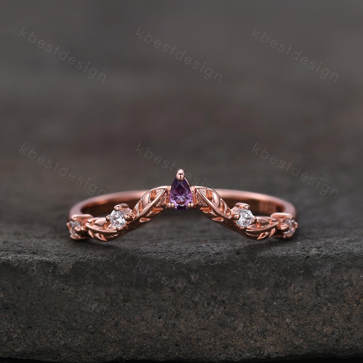 Unique Curved Amethyst Wedding Band Women Rose Gold Band Nature Leaf Style Stacking Moissanite Band Bridal Anniversary Ring
