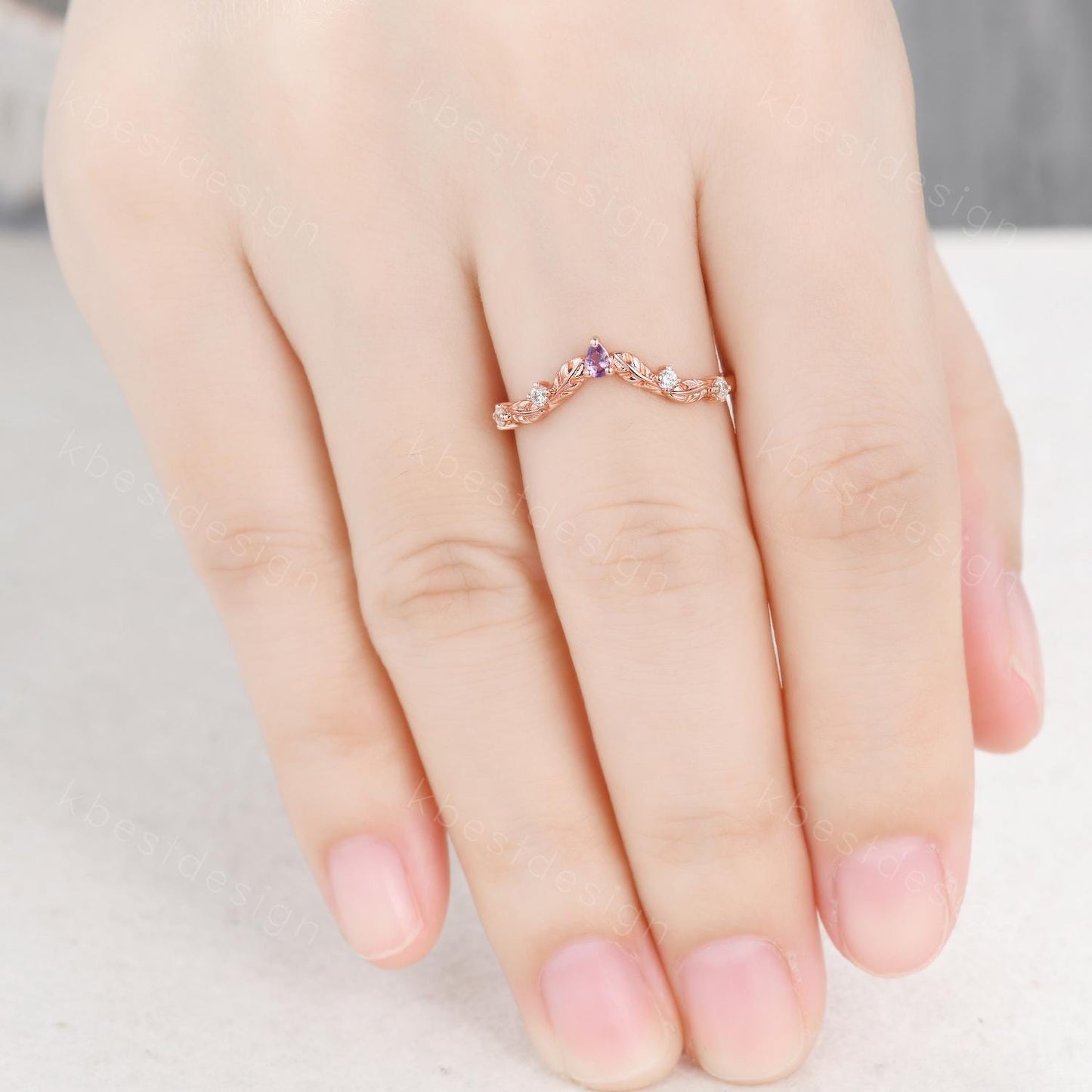 Unique Curved Amethyst Wedding Band Women Rose Gold Band Nature Leaf Style Stacking Moissanite Band Bridal Anniversary Ring