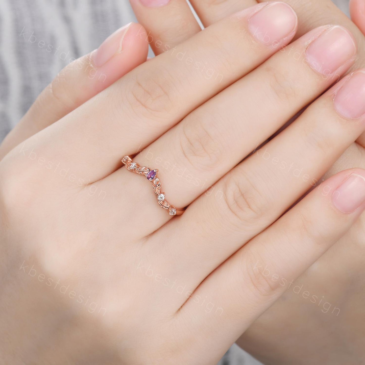 Unique Curved Amethyst Wedding Band Women Rose Gold Band Nature Leaf Style Stacking Moissanite Band Bridal Anniversary Ring